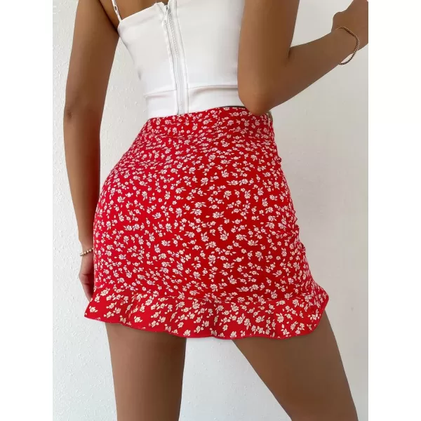 Floerns Women's Ditsy Floral High Waist Drawstring Ruched Side Ruffle Hem Bodycon Mini Skirt