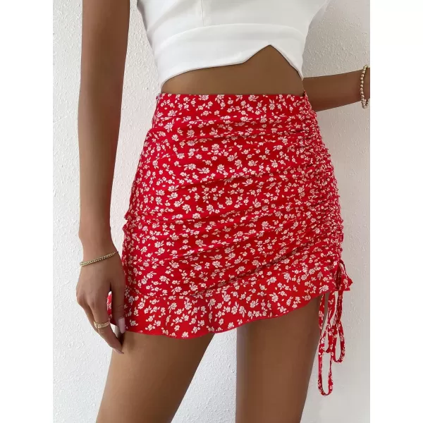 Floerns Women's Ditsy Floral High Waist Drawstring Ruched Side Ruffle Hem Bodycon Mini Skirt