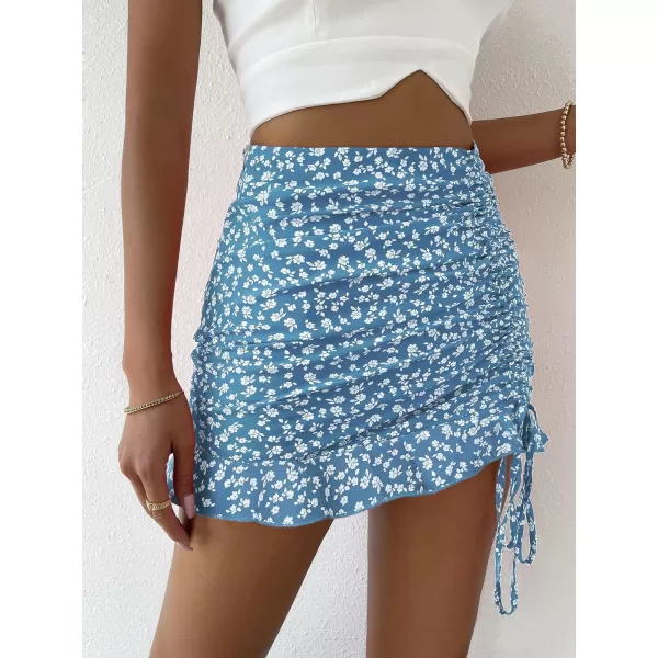 Floerns Women's Ditsy Floral High Waist Drawstring Ruched Side Ruffle Hem Bodycon Mini Skirt