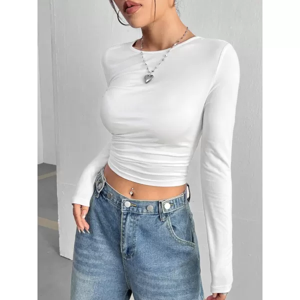 Floerns Women's Drawstring Side Ruched Solid Crewneck Fitted Long Sleeve Crop Top