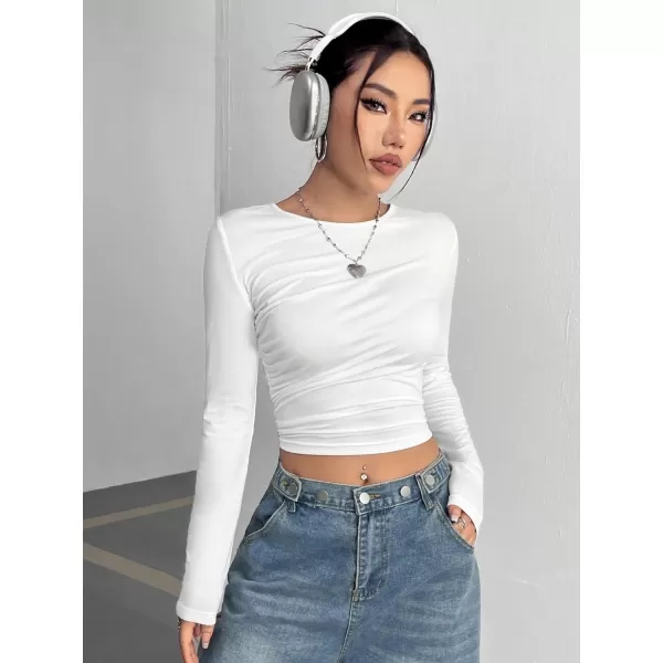 Floerns Women's Drawstring Side Ruched Solid Crewneck Fitted Long Sleeve Crop Top