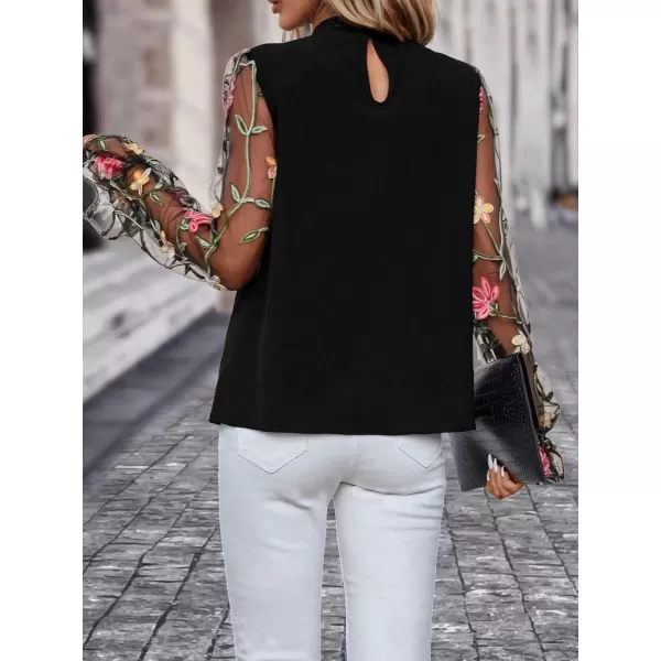 Floerns Women's Floral Embroidery Mesh Mock Neck Flare Long Sleeve Blouse Top