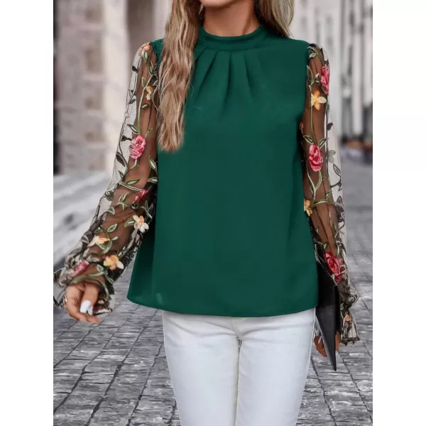 Floerns Women's Floral Embroidery Mesh Mock Neck Flare Long Sleeve Blouse Top