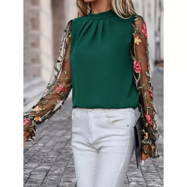Floerns Women's Floral Embroidery Mesh Mock Neck Flare Long Sleeve Blouse Top