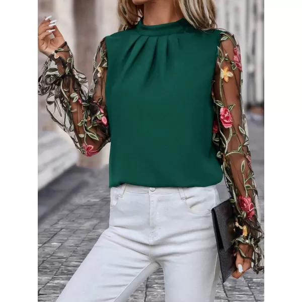 Floerns Women's Floral Embroidery Mesh Mock Neck Flare Long Sleeve Blouse Top
