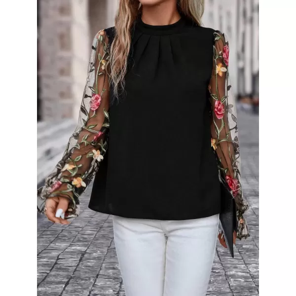Floerns Women's Floral Embroidery Mesh Mock Neck Flare Long Sleeve Blouse Top