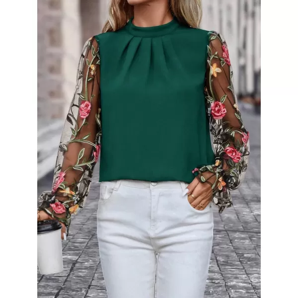 Floerns Women's Floral Embroidery Mesh Mock Neck Flare Long Sleeve Blouse Top