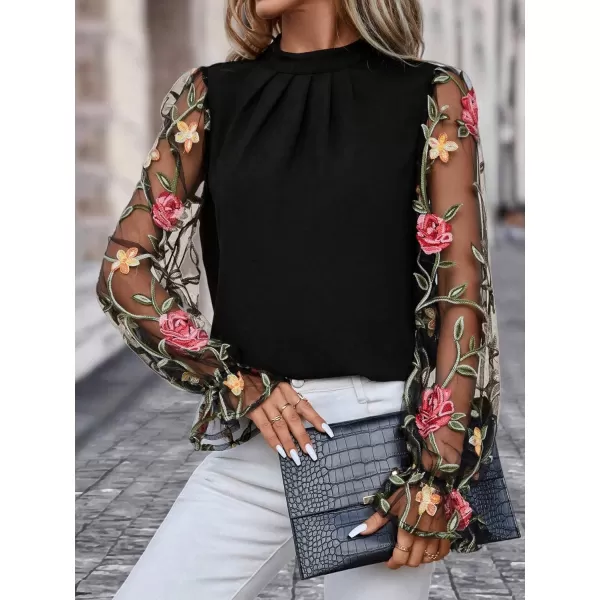 Floerns Women's Floral Embroidery Mesh Mock Neck Flare Long Sleeve Blouse Top