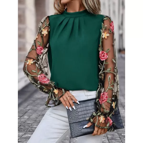 Floerns Women's Floral Embroidery Mesh Mock Neck Flare Long Sleeve Blouse Top