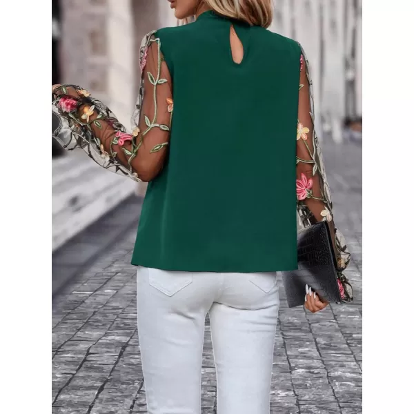 Floerns Women's Floral Embroidery Mesh Mock Neck Flare Long Sleeve Blouse Top