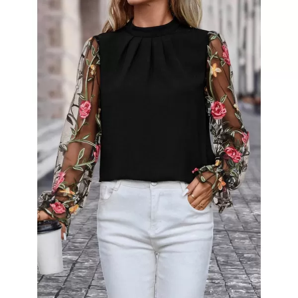 Floerns Women's Floral Embroidery Mesh Mock Neck Flare Long Sleeve Blouse Top