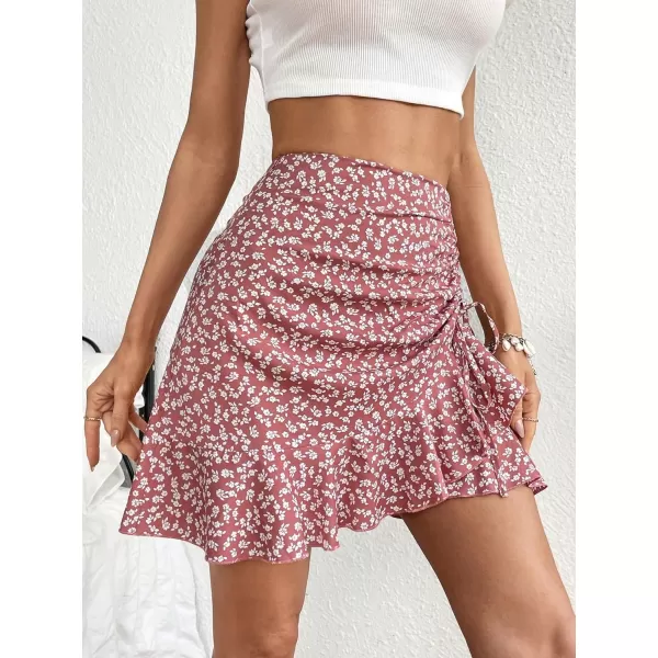 Floerns Women's Floral Print Ruched Ruffle Hem Drawstring Side High Waist Mini Skirts