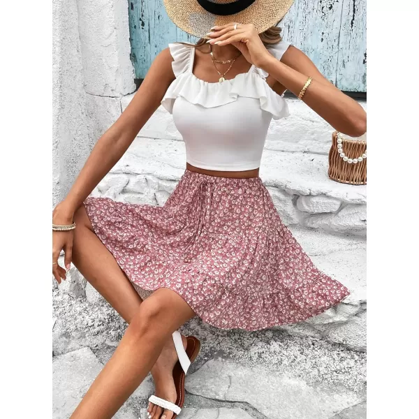 Floerns Women's Floral Print Tie Front Short Skirts High Waist Ruffle Hem Mini Skirts