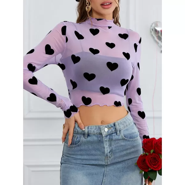 Floerns Women's Heart Print Sheer See Through Crewneck Long Sleeve Crop Tee Shirts