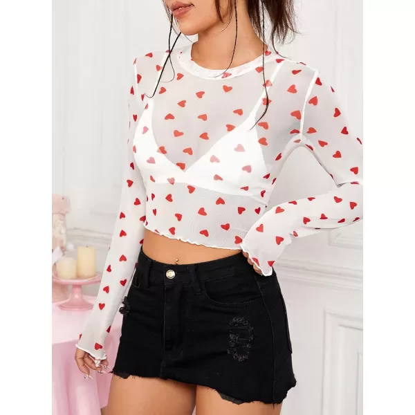 Floerns Women's Heart Print Sheer See Through Crewneck Long Sleeve Crop Tee Shirts