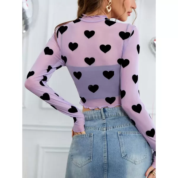Floerns Women's Heart Print Sheer See Through Crewneck Long Sleeve Crop Tee Shirts