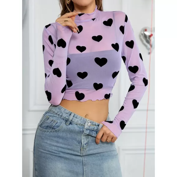 Floerns Women's Heart Print Sheer See Through Crewneck Long Sleeve Crop Tee Shirts