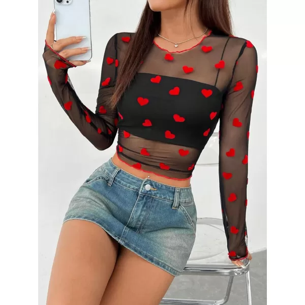 Floerns Women's Heart Print Sheer See Through Crewneck Long Sleeve Crop Tee Shirts
