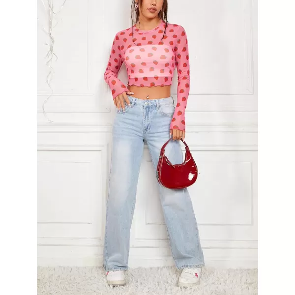 Floerns Women's Heart Print Sheer See Through Crewneck Long Sleeve Crop Tee Shirts