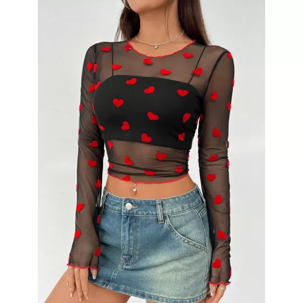 Floerns Women's Heart Print Sheer See Through Crewneck Long Sleeve Crop Tee Shirts