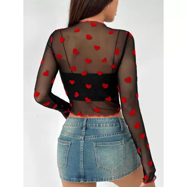 Floerns Women's Heart Print Sheer See Through Crewneck Long Sleeve Crop Tee Shirts