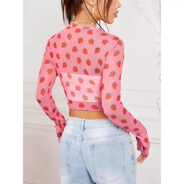 Floerns Women's Heart Print Sheer See Through Crewneck Long Sleeve Crop Tee Shirts
