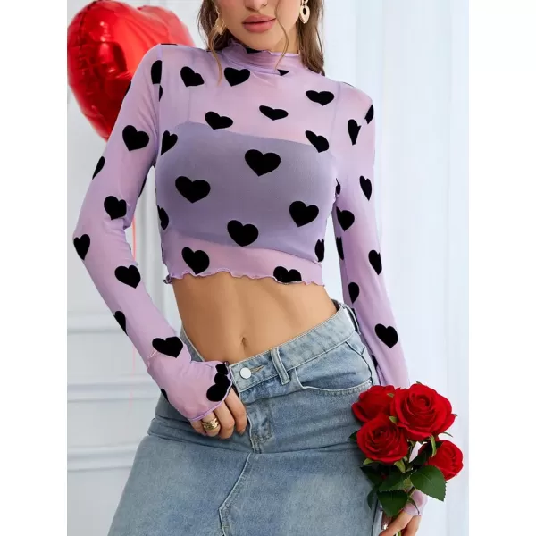 Floerns Women's Heart Print Sheer See Through Crewneck Long Sleeve Crop Tee Shirts
