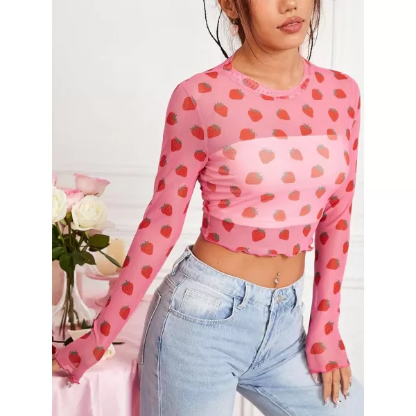 Floerns Women's Heart Print Sheer See Through Crewneck Long Sleeve Crop Tee Shirts