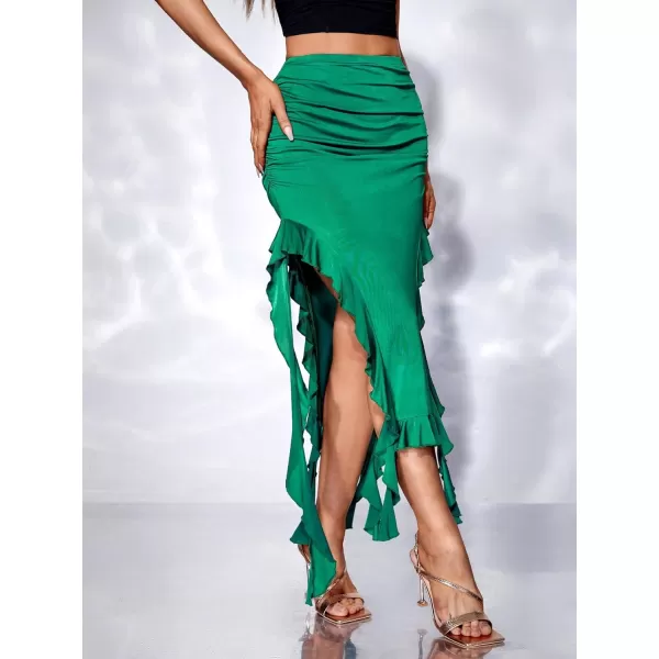 Floerns Women's High Waist Bodycon Midi Skirt Ruched Ruffle Tassel Split Skirts