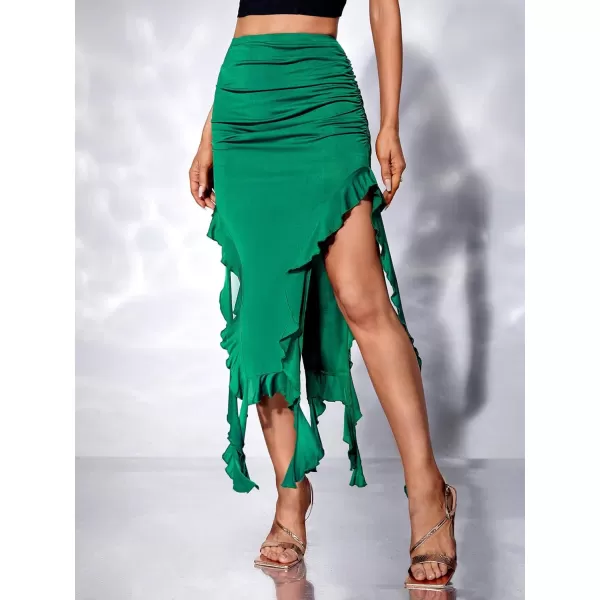 Floerns Women's High Waist Bodycon Midi Skirt Ruched Ruffle Tassel Split Skirts