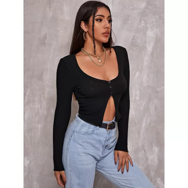 Floerns Women's Long Sleeve V Neck Button Front Asymmetrical Hem Crop Top T Shirt