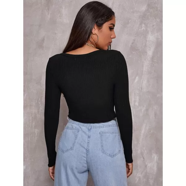 Floerns Women's Long Sleeve V Neck Button Front Asymmetrical Hem Crop Top T Shirt