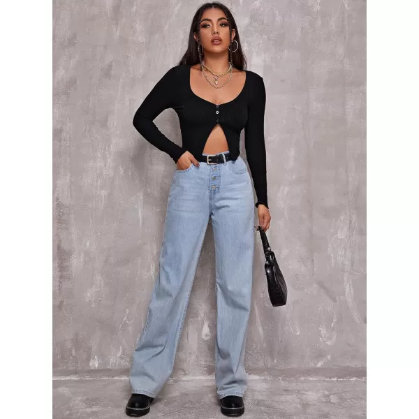 Floerns Women's Long Sleeve V Neck Button Front Asymmetrical Hem Crop Top T Shirt