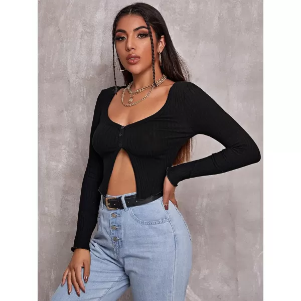 Floerns Women's Long Sleeve V Neck Button Front Asymmetrical Hem Crop Top T Shirt