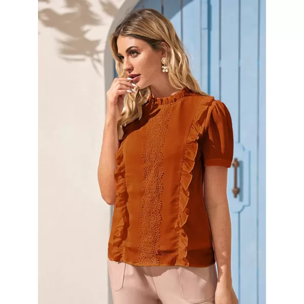Floerns Women's Mock Neck Puff Sleeve Guipure Lace Ruffle Chiffon Blouse Top