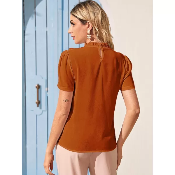 Floerns Women's Mock Neck Puff Sleeve Guipure Lace Ruffle Chiffon Blouse Top