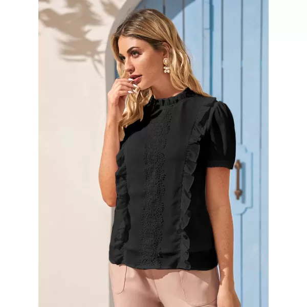 Floerns Women's Mock Neck Puff Sleeve Guipure Lace Ruffle Chiffon Blouse Top