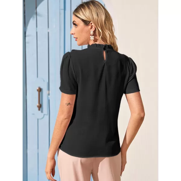 Floerns Women's Mock Neck Puff Sleeve Guipure Lace Ruffle Chiffon Blouse Top
