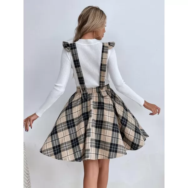Floerns Women's Plaid Print Ruffle Trim Suspender Skirt Pinafore Overall Dress