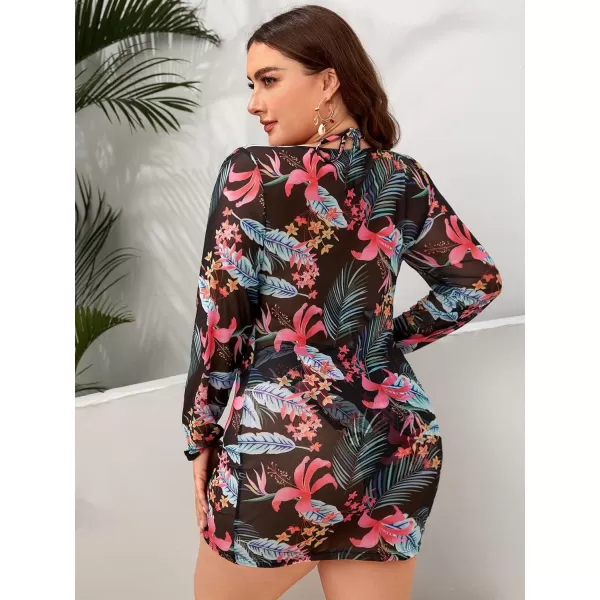 Floerns Women's Plus Size 3 Piece Floral Print Halter Bikini Swimsuit with Cover Up
