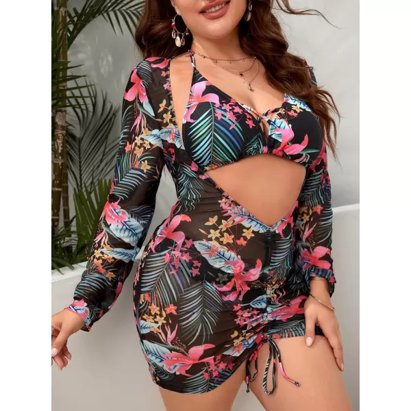 Floerns Women's Plus Size 3 Piece Floral Print Halter Bikini Swimsuit with Cover Up