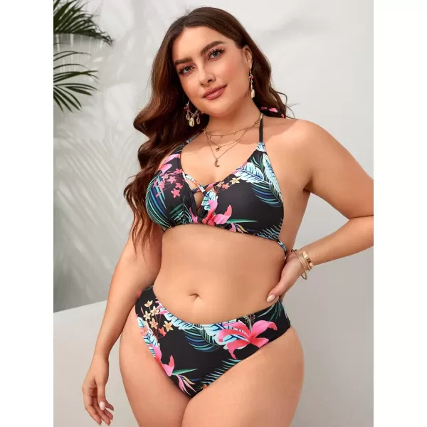 Floerns Women's Plus Size 3 Piece Floral Print Halter Bikini Swimsuit with Cover Up