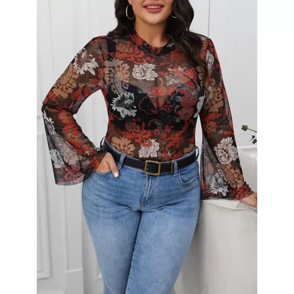 Floerns Women's Plus Size Allover Floral Print Sheer Flounce Long Sleeve Blouse Top