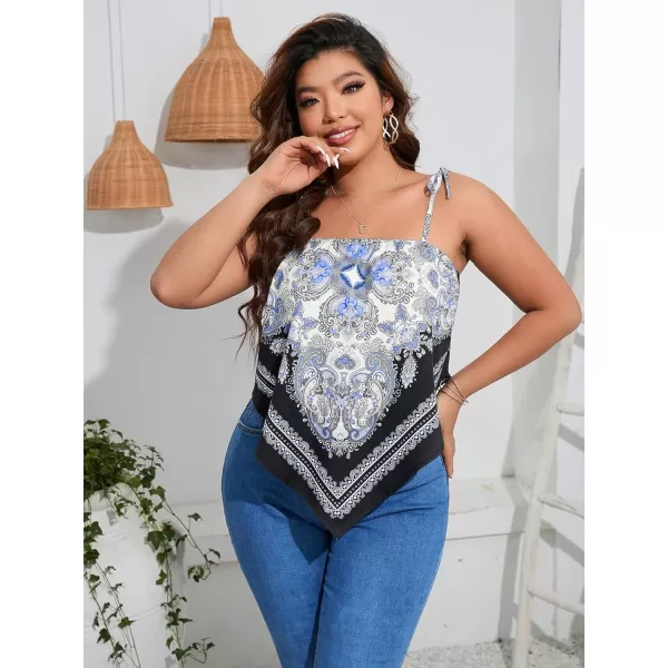 Floerns Women's Plus Size Boho Printed Tie Shoulder Sleeveless Hanky Hem Cami Top