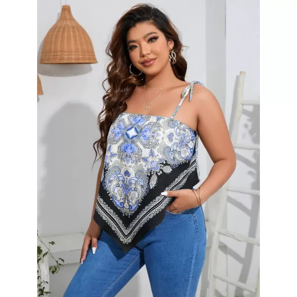 Floerns Women's Plus Size Boho Printed Tie Shoulder Sleeveless Hanky Hem Cami Top