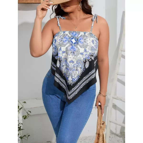 Floerns Women's Plus Size Boho Printed Tie Shoulder Sleeveless Hanky Hem Cami Top