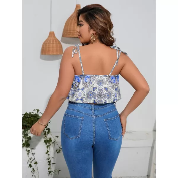 Floerns Women's Plus Size Boho Printed Tie Shoulder Sleeveless Hanky Hem Cami Top