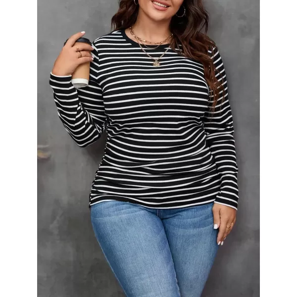 Floerns Women's Plus Size Casual Striped Print Crewneck Long Sleeve Crop Tee Shirt