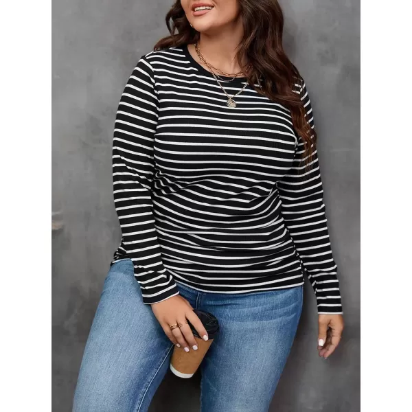 Floerns Women's Plus Size Casual Striped Print Crewneck Long Sleeve Crop Tee Shirt