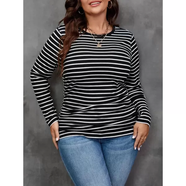 Floerns Women's Plus Size Casual Striped Print Crewneck Long Sleeve Crop Tee Shirt